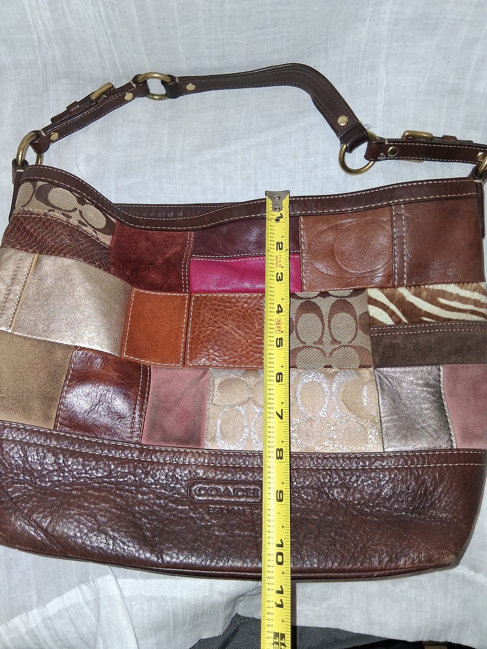 Coach Patchwork Shoulder Bag - Brown Multi-Tone with Pink Accent